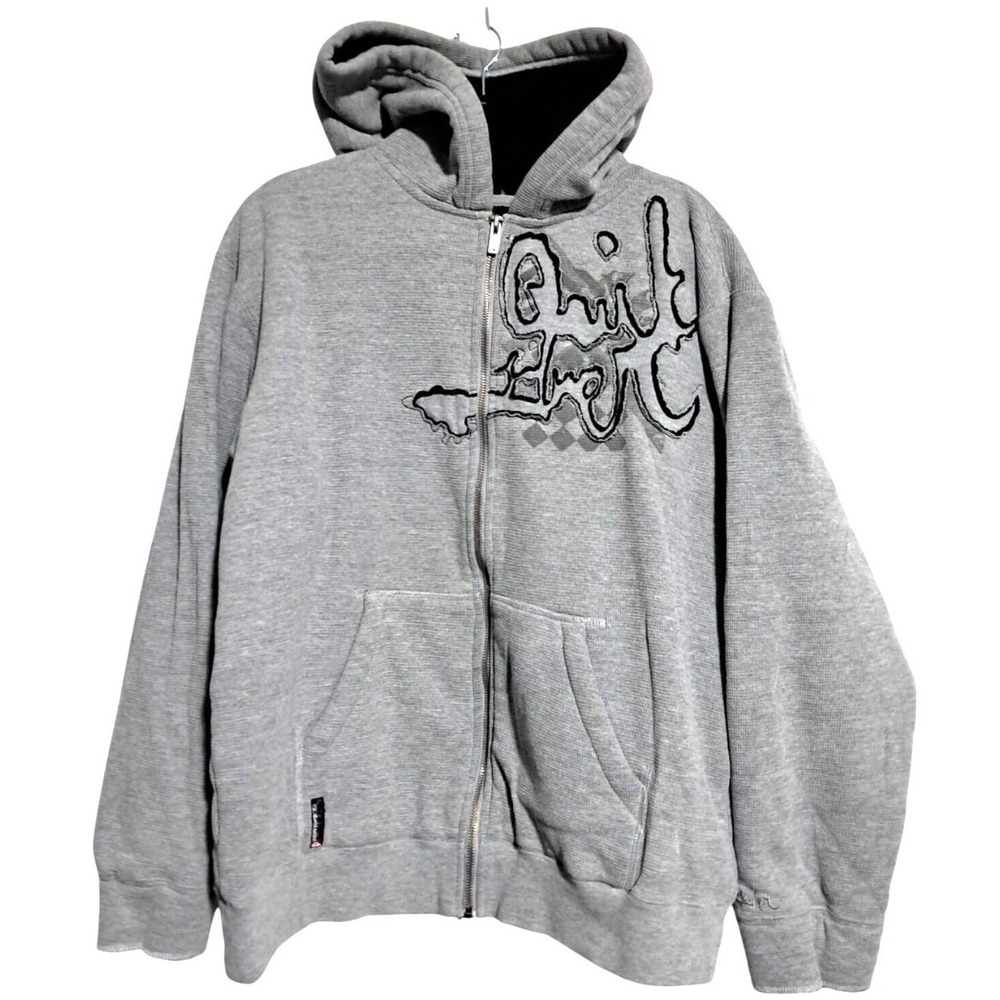 Quiksilver Zip Up Hoodie‎ Boys XL Vtg Y2K Gray Waffle Knit Sherpa Lined Graphic